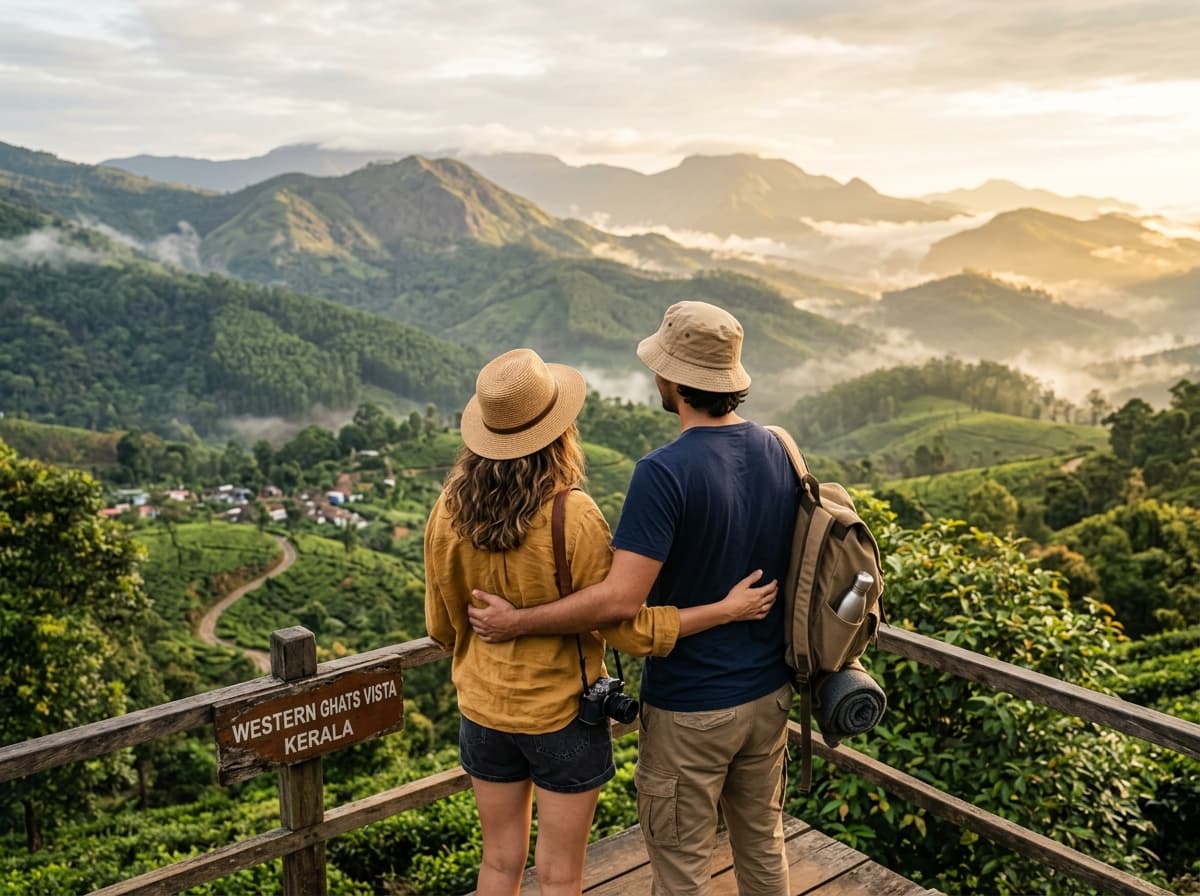 Happy couple looking over scenic misty Kerala mountain valley