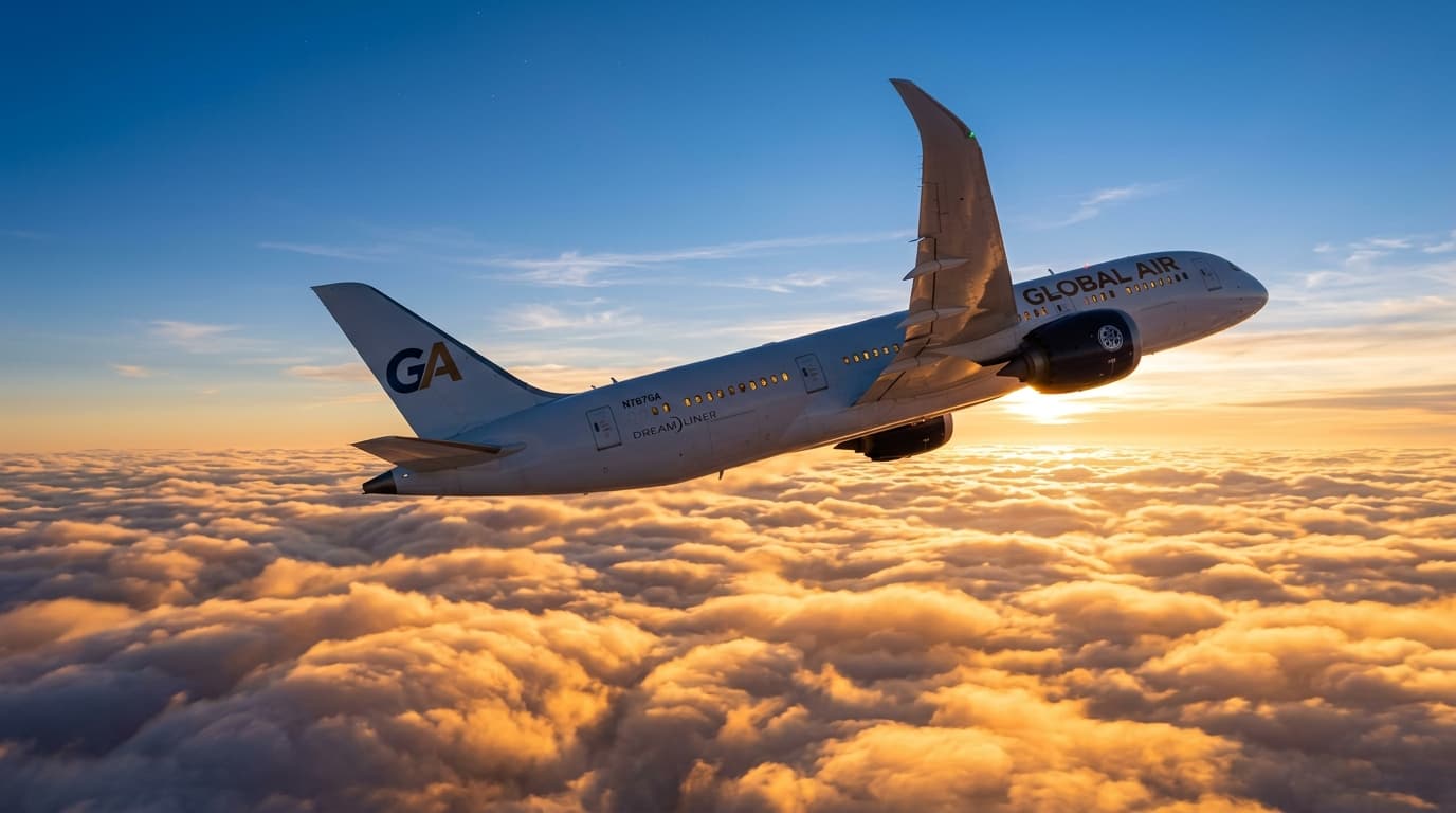 Commercial passenger aircraft soaring above clouds