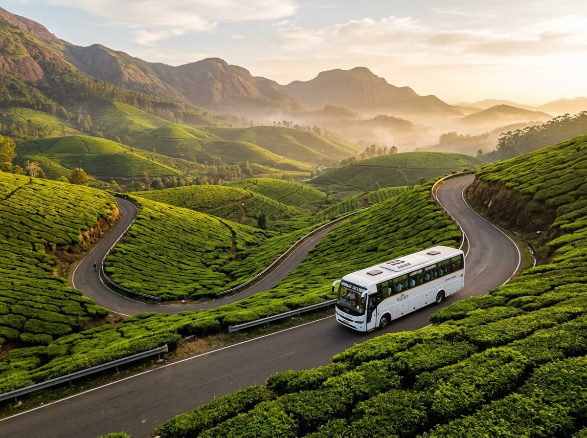 Luxury tourist bus touring misty green tea plantations in Munnar Kerala